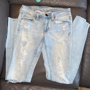 Light blue Denim Skinny Stretch Frayed Pants Regular Length AE Size 0